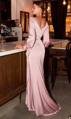 Cinderella Divine - 7478 Long Sleeve High Slit Draped Evening Dress