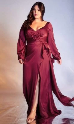 Formal Gowns Cinderella Divine - 7478C Long Sleeve V Neck Sheath Dress