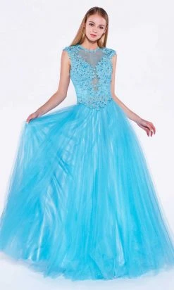 Cinderella Divine - 7635 Beaded Lace Illusion Jewel A-Line Dress