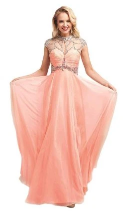 Cinderella Divine - 7959 Sheer Embellished Ruched High Neck Evening Dress Formal Gowns