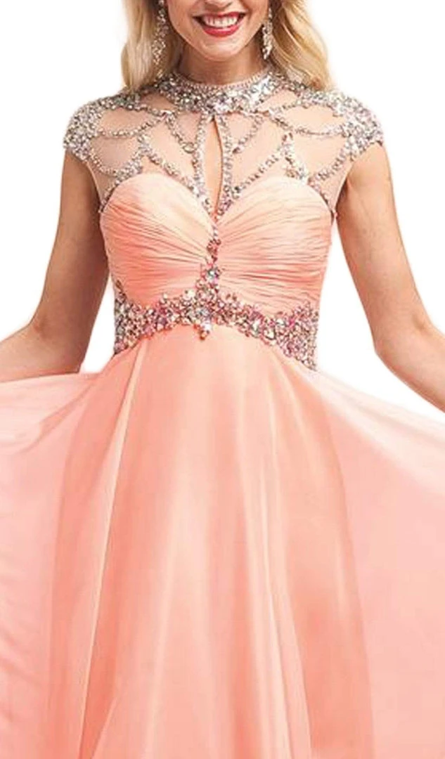 Cinderella Divine - 7959 Sheer Embellished Ruched High Neck Evening Dress Formal Gowns 4 Cinderella Divine - 7959 Sheer Embellished Ruched High Neck Evening Dress Formal Gowns