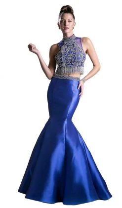 Formal Gowns Cinderella Divine - 84016 Two-Piece Beaded High Halter Mermaid Gown
