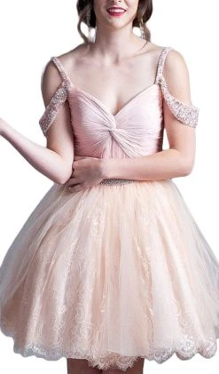 Cinderella Divine - 8947 Twist Front Beaded Lace Dress Formal Gowns