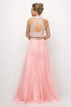 Cinderella Divine - 8994 Beaded Illusion High Halter A-Line Gown Formal Gowns