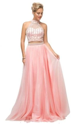 Cinderella Divine - 8994 Beaded Illusion High Halter A-Line Gown Formal Gowns