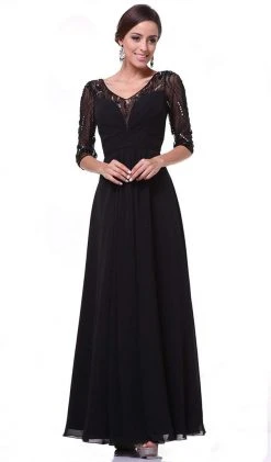 Cinderella Divine - 967 Sheer Quarter Length Sleeve Ruched A-line Dress