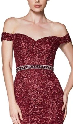 Cinderella Divine - AM122 Off Shoulder Beaded Lace Appliqued Gown Formal Gowns