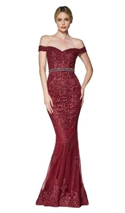 Cinderella Divine - AM122 Off Shoulder Beaded Lace Appliqued Gown Formal Gowns