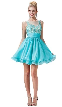 Cocktail Dresses Cinderella Divine - Appliqued Illusion Scoop Neck Cocktail Dress