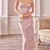 Cinderella Divine - BD103 Cowl Neck Slim Fit Satin Sheath Tea-Length Dress - 1 Pc Champagne Gold In Size XL Available