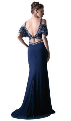 Cinderella Divine - Beaded Cold Shoulder Sheath Evening Gown Formal Gowns