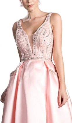 Cinderella Divine - Beaded Deep V-neck Satin Evening Gown Formal Gowns