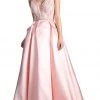 Cinderella Divine - Beaded Deep V-neck Satin Evening Gown Formal Gowns