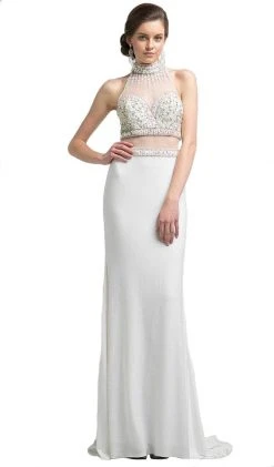 Formal Gowns Cinderella Divine - Beaded High Neck Faux Two-Piece Sheath Evening Gown