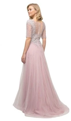 Cinderella Divine - Beaded Lace Bateau A-line Dress With Train U101 - 1 Pc Peach In Size 8 Available Formal Gowns