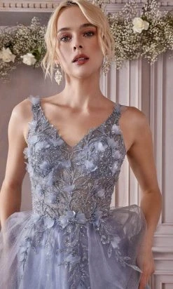 Formal Gowns Cinderella Divine - Beaded V-Neck Tulle Prom Dress CD0181 - 1 Pc Smoky Blue In Size S Available