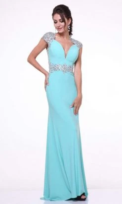 Formal Gowns Cinderella Divine - Bedazzled Deep V-neck Fitted Dress