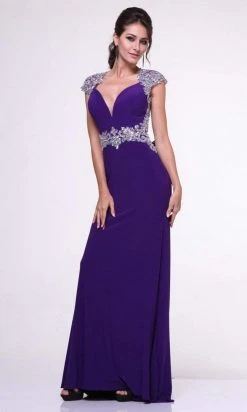 Formal Gowns Cinderella Divine - Bedazzled Deep V-neck Fitted Dress