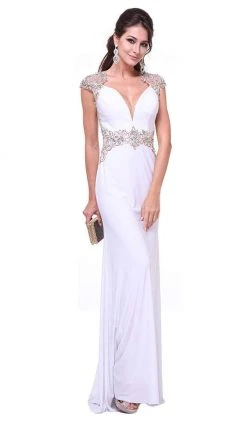 Formal Gowns Cinderella Divine - Bedazzled Deep V-neck Fitted Dress