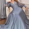 Cinderella Divine - Bishop Sleeve Applique Prom Dress CD0183 - 1 Pc Smoky Blue In Size L Available Formal Gowns