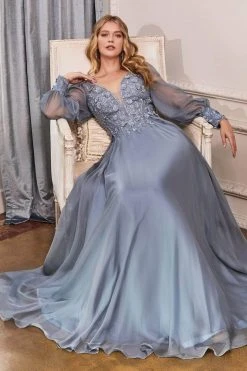 Cinderella Divine - Bishop Sleeve Applique Prom Dress CD0183 - 1 Pc Smoky Blue In Size L Available Formal Gowns