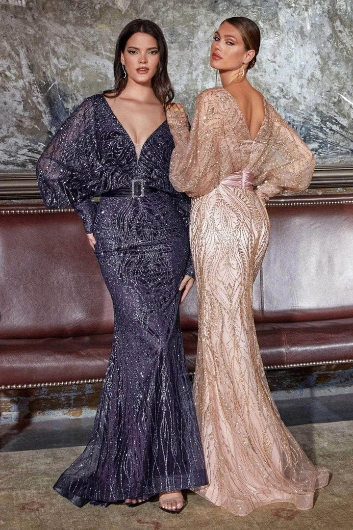 Cinderella Divine - Bishop Sleeve Glitter Evening Dress J821 Formal Gowns 4 Cinderella Divine - Bishop Sleeve Glitter Evening Dress J821 Formal Gowns