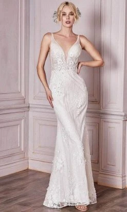 Formal Gowns Cinderella Divine Bridal - CDS403W Floral Appliqued Deep V-neck Wedding Gown - 1 Pc Off-White In Size 8 Available