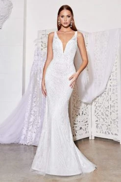 Formal Gowns Cinderella Divine Bridal - EW115 Crisscross Strapped Back Beaded Mermaid Gown