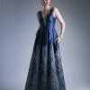 Cinderella Divine - C80142 Deep V Neckline Printed Satin Gown Formal Gowns