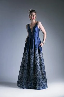 Cinderella Divine - C80142 Deep V Neckline Printed Satin Gown Formal Gowns