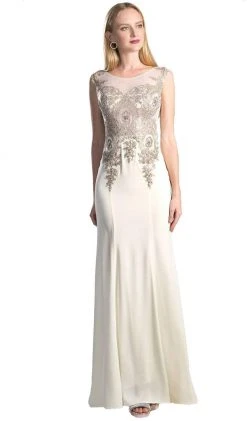 Cinderella Divine - Cap Sleeve Illusion Bateau Metallic Lace Evening Gown 12 Cinderella Divine - Cap Sleeve Illusion Bateau Metallic Lace Evening Gown