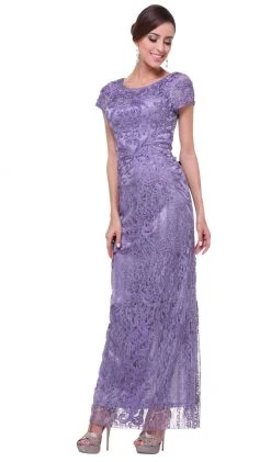 Cinderella Divine - Cap Sleeve Soutache Embellished Long Sheath Formal Dress Formal Gowns