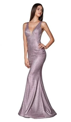 Cinderella Divine - CB0035 Plunging V-Neck Metallic Mermaid Gown