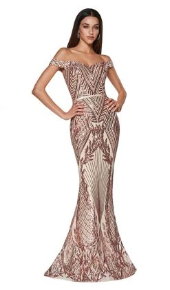 Cinderella Divine - CB0039 Sparkly Sequin Off-Shoulder Evening Gown Formal Gowns
