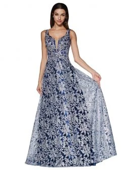 Cinderella Divine - CD0131 Floral Embellished Deep V-neck A-line Dress