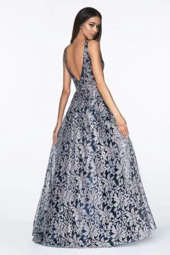 Cinderella Divine - CD0131 Floral Embellished Deep V-neck A-line Dress