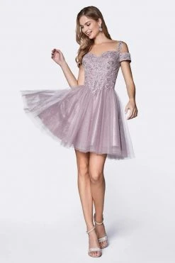 Cocktail Dresses Cinderella Divine - CD0132 Cold Shoulder Lace And Glitter Tulle Cocktail Dress