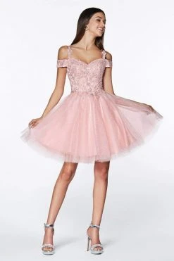 Cocktail Dresses Cinderella Divine - CD0132 Cold Shoulder Lace And Glitter Tulle Cocktail Dress