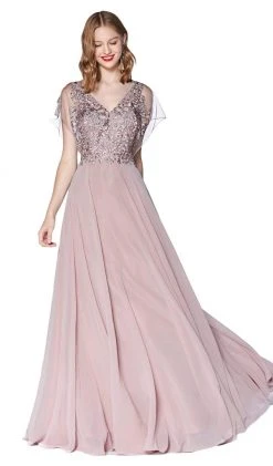 Cinderella Divine - CD0135 Lace V-neck Chiffon A-line Dress