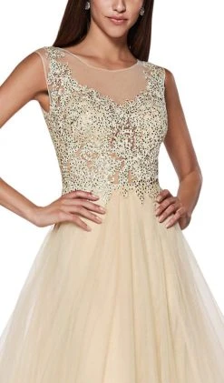 Cinderella Divine - CD0136 Beaded Lace Illusion Neckline Tulle Gown Formal Gowns