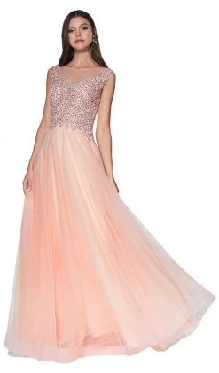 Cinderella Divine - CD0136 Beaded Lace Illusion Neckline Tulle Gown Formal Gowns