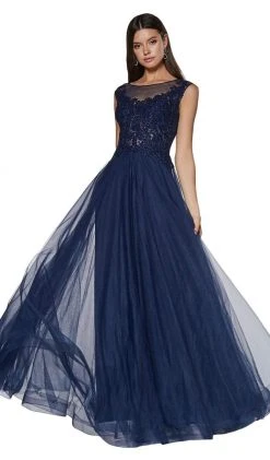 Cinderella Divine - CD0136 Beaded Lace Illusion Neckline Tulle Gown Formal Gowns
