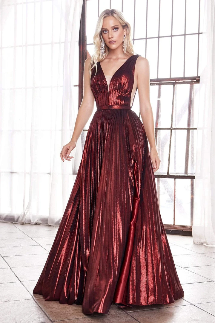 Formal Gowns Cinderella Divine - CD160 Deep V Neck High Slit Metallic Pleated Gown 14 Formal Gowns Cinderella Divine - CD160 Deep V Neck High Slit Metallic Pleated Gown