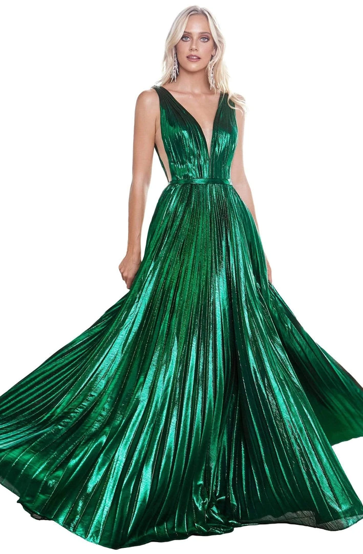 Formal Gowns Cinderella Divine - CD160 Deep V Neck High Slit Metallic Pleated Gown 3 Formal Gowns Cinderella Divine - CD160 Deep V Neck High Slit Metallic Pleated Gown