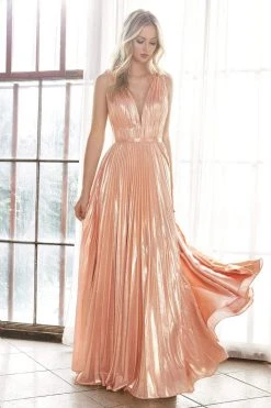 Formal Gowns Cinderella Divine - CD160 Deep V Neck High Slit Metallic Pleated Gown 20 Formal Gowns Cinderella Divine - CD160 Deep V Neck High Slit Metallic Pleated Gown