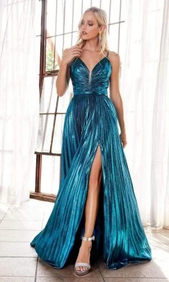 Cinderella Divine - CD161 Illusion Plunging Neck Metallic A-Line Dress