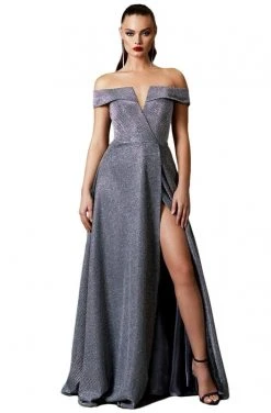 Cinderella Divine - CD162 Long Off Shoulder Metallic High Slit Dress Formal Gowns