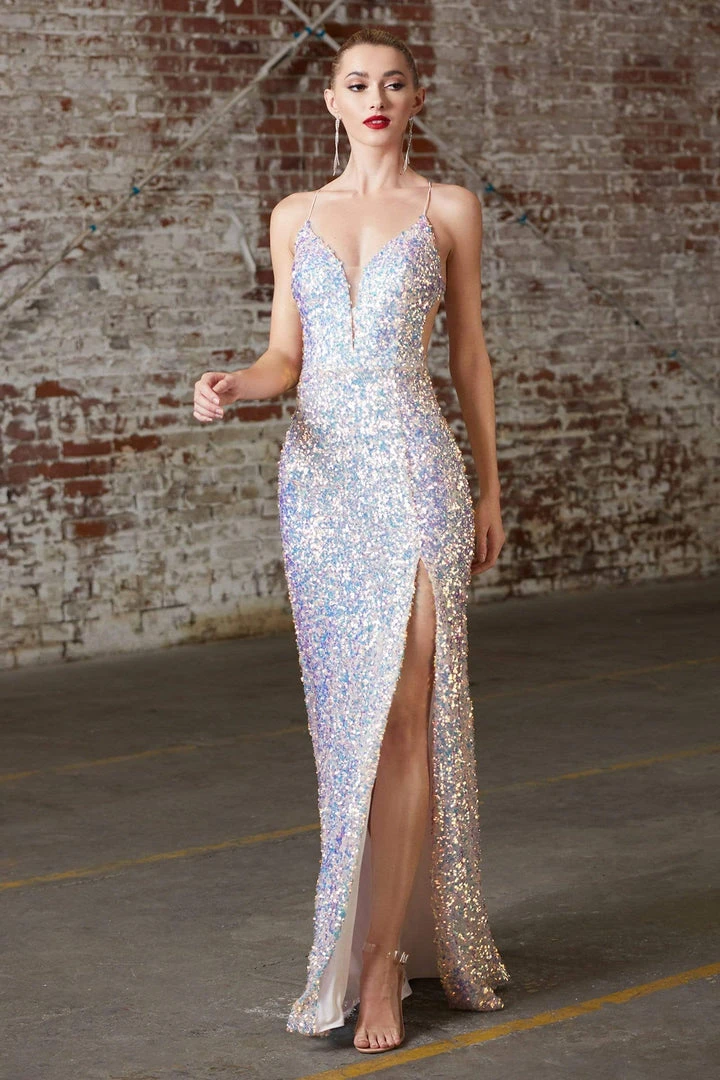 Cinderella Divine - CD175 Sequined Deep V-neck Sheath Dress Formal Gowns 9 Cinderella Divine - CD175 Sequined Deep V-neck Sheath Dress Formal Gowns
