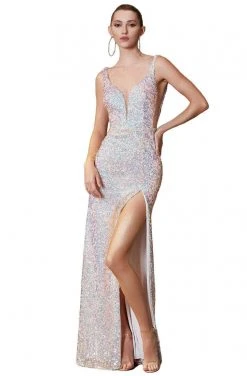 Cinderella Divine - CD187 Sequined Plunging V-Neck Dress With Slit Formal Gowns