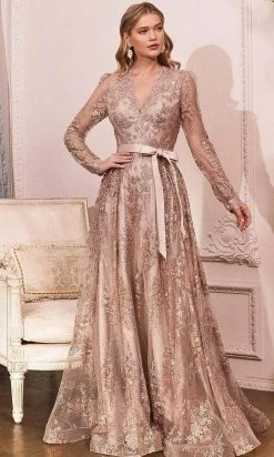 Cinderella Divine - CD233 Sheer Long Sleeve V-neck Evening Gown